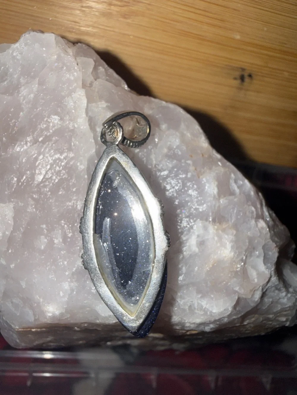 Vintage Sterling Silver Marcasite Blue Goldstone Pendant